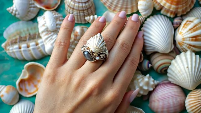 Hand adorned with seashell ring surrounded by assorted seashells on a turquoise surface, Hand wearing seashell ring with assorted seashells background