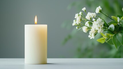 Funeral symbolic. A lit white candle beside delicate flowers on a serene table setting.
