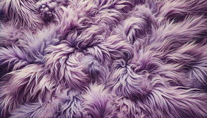Purple fur texture top view. Purple or lilac sheepskin background. Fur pattern. Texture of lilac shaggy fur. Wool texture. Sheep fur close up