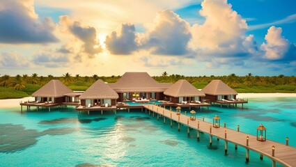 Obraz premium A breathtaking aerial view of a luxurious Maldives resort, showcasing a series of elegant overwater villas with thatched roofs and private decks