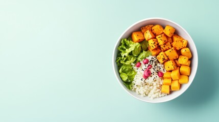 healthy superfoods anti-inflammatory concept. Fresh salad bowl with diced mango, lettuce, and rice on a pastel background.