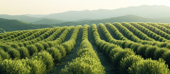 Fototapeta premium Lush green rows of plants on a hillside at sunset.