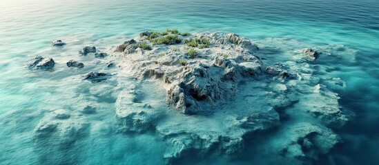 Obraz premium Aerial view of a small, rocky island in turquoise ocean water with sparse vegetation.