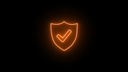 Glowing Neon Glitch security shield with check mark icon. neon check mark icon on black background.	