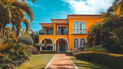 A classic villa with striking yellow walls, arched windows, and a lush garden, bathed in bright blue skies