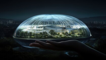 Obraz premium Futuristic Cityscape Domes Protected Under A Hand