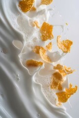 Cereal splashing in milk, creating a dynamic, textured wave.