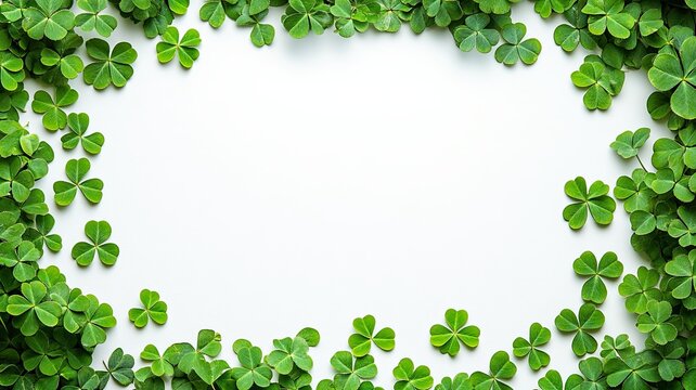 Clover Frame with White Background, A creative border of green clovers forming a frame around a blank white background, perfect for St. Patrick&rsquo;s Day designs and messages.

