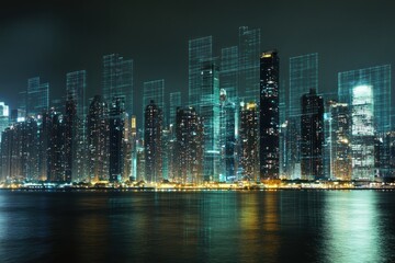 Obraz premium Futuristic city skyline at night with digital wireframe overlay reflecting on water.