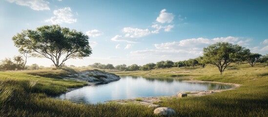 Obraz premium Serene landscape featuring a tranquil pond nestled amidst lush greenery and majestic trees under a bright, sunny sky.
