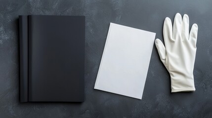 Funeral symbolic. Black notebook, blank paper, and white gloves on a textured surface.