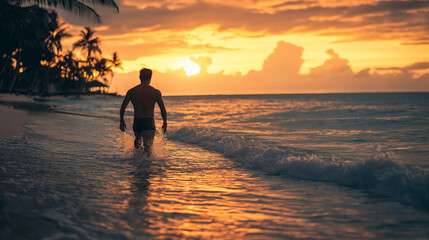 Obraz premium Silhouette at beach during golden sunset. Perfect for travel inspiration, lifestyle goals, and coastal adventure.