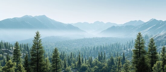 Misty mountain forest panorama.