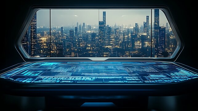 Futuristic Control Room Overlooking A Night Cityscape