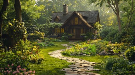 A rustic house surrounded by lush gardens and stone pathways, creating a peaceful and natural ambiance