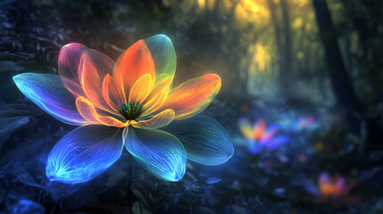 Glowing lotus flower in dark enchanted forest