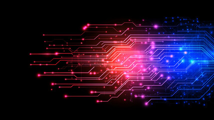 Obraz premium Digital Pulse: A captivating abstract backdrop featuring a dynamic flow of glowing circuitry in vibrant red and blue hues against a black background.