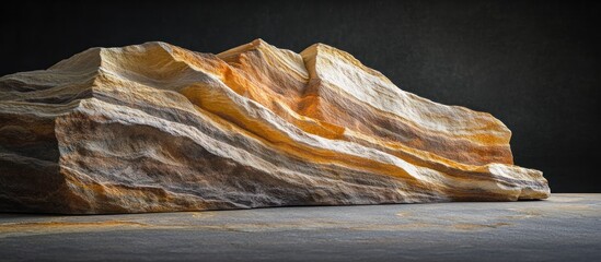 Abstract layered rock formation on dark background.