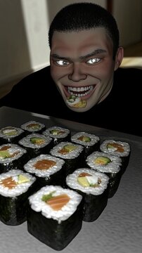 Man ravenously eating sushi indoors