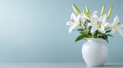 Funeral symbolic. Fresh white lilies in a simple vase against a soft blue background.