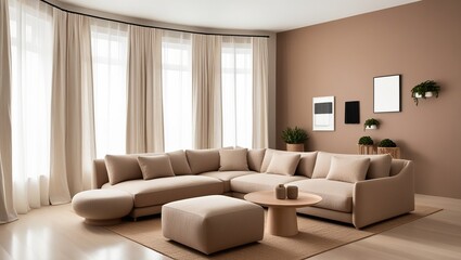 A serene and modern Japandi style bedroom-living room fusion, set against a soothing backdrop of Pantone's 2025 Color of the Year, Mocha Mousse, a warm, earthy hue.
