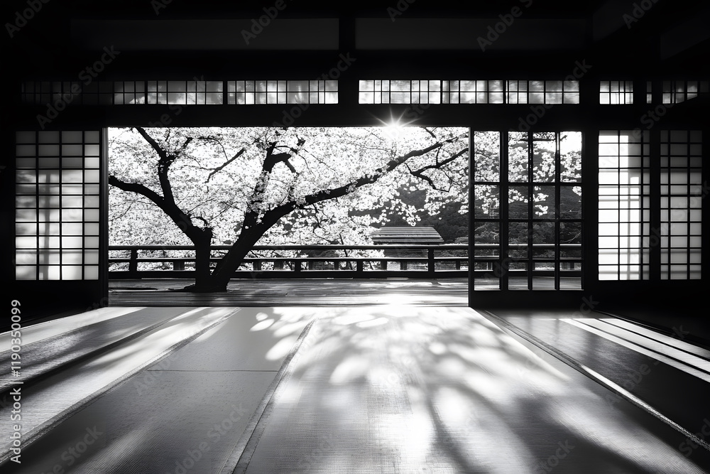 Poster a serene black-and-white view through sliding doors, showcasing a blossoming tree and gentle light f