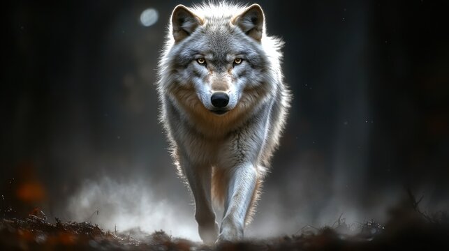 Majestic wolf walking towards camera in dark forest.