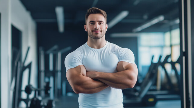 Confident personal trainer in modern gym environment. Great for fitness profession, wellness expertise, and health leadership.