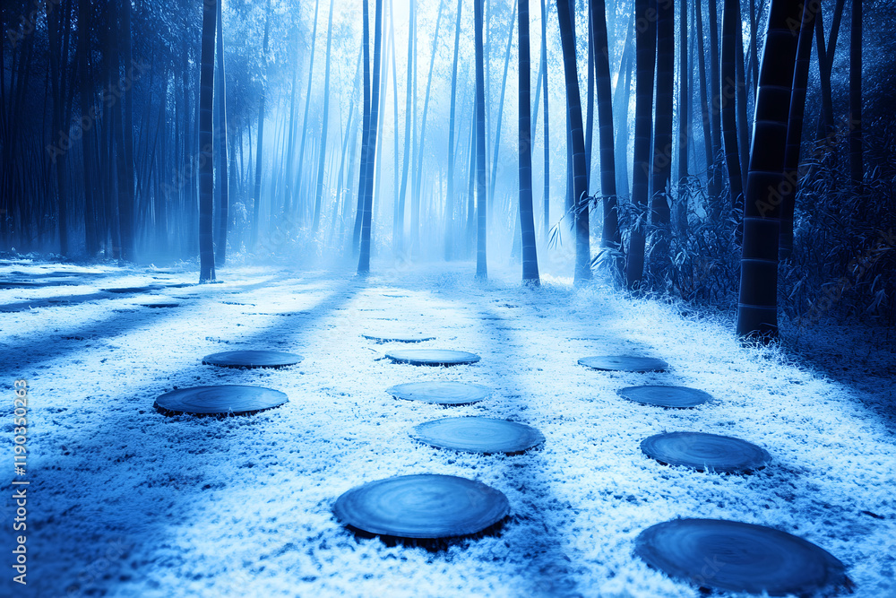 Aufkleber a tranquil, misty forest scene with blue tones, featuring circular stepping stones partially covered