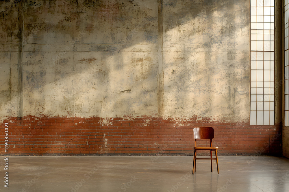 Poster a solitary wooden chair stands against a textured wall, illuminated by sunlight streaming through a 