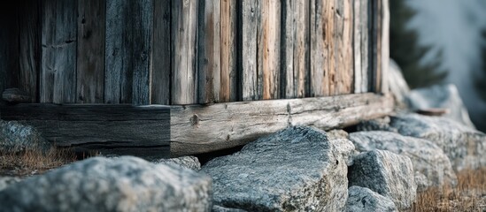 Fototapeta premium Rustic wooden cabin base on rocks.