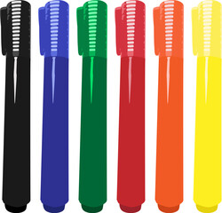 Set of large markers with six basic colors for drawing and coloring. Sale and advertising of markers and drawing with them. Marker for drawing courses. Set of markers with a cap for children.