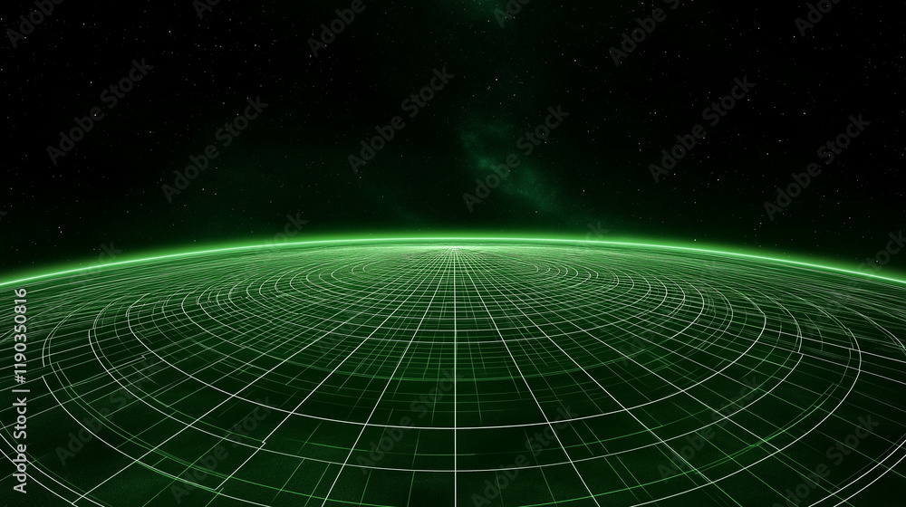 Wall mural green grid universe: an abstract digital art depicting a futuristic, grid-like planet against a deep