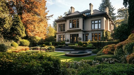 Obraz premium A grand mansion with large windows, manicured gardens, and a swimming pool, surrounded by lush trees and bushes