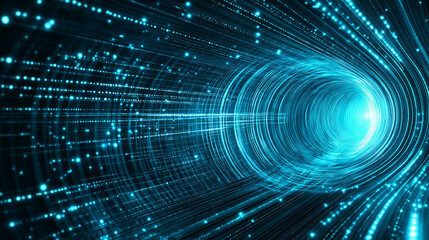 Digital Vortex: Abstract, futuristic design of a swirling blue tunnel,  glowing with digital data and code, symbolic of innovation, technology, and limitless possibilities.  
