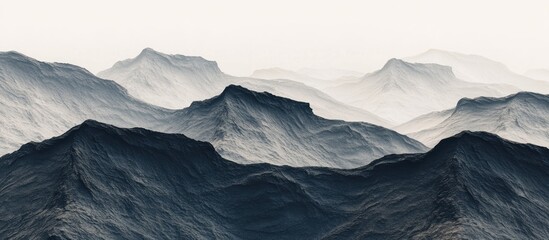 Fototapeta premium Misty mountain range landscape, panoramic view of dark blue peaks and valleys under a hazy sky.