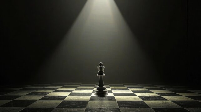 A chessboard with a king piece highlighted under a spotlight.