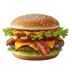 Beef and chicken burger with lettuce, tomato, cheese, and bacon, isolated on a transparent background png
