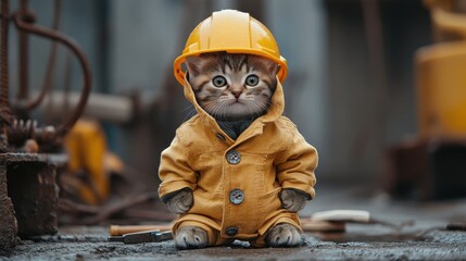 Playful kitten dressed in a construction worker uniform and helmet