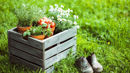 Freshly picked vegetables in wooden crate outdoors