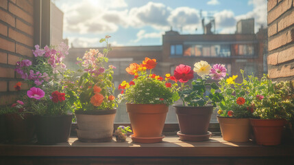 Fototapeta premium Flower pots on city balcony in morning light