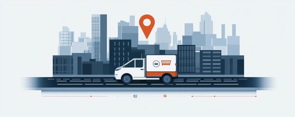 Fototapeta premium A delivery truck drives through a cityscape with a navigation marker, symbolizing urban logistics and transportation.