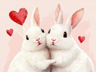 Obraz premium Two adorable white rabbits embrace, surrounded by red hearts on a soft pink background, symbolizing love and affection. Valentine