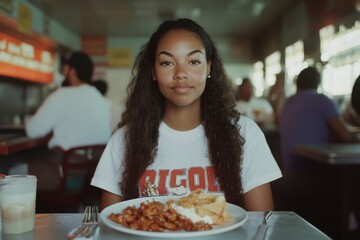 Young woman enjoying a meal at a casual restaurant
