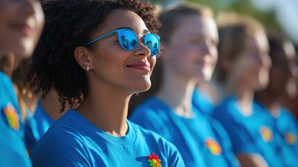 A group of diverse people wearing autism awareness pins at a community event.