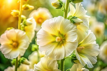 Fototapeta premium Close-up of Pale Yellow Hollyhock Flowers in Summer Garden - High Depth of Field