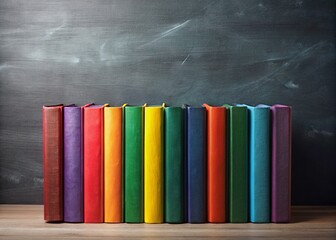Naklejka premium Colorful Books Stacked Against Blackboard - Back to School Education Concept Stock Photo