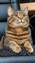 Striped tabby cat with vibrant green eyes sitting calmly on a soft black mat in a cozy indoor setting