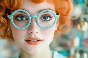 Fototapeta premium Orange haired woman wearing round glasses with clear lenses