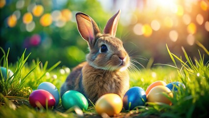 Easter Bunny on Green Grass with Colorful Eggs - Spring Holiday Stock Photo
